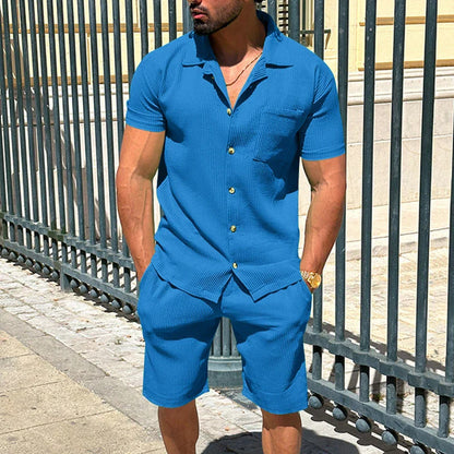 maoxiangshop Solid Color Texture Shirts And Shorts Mens Two Piece Sets Summer Casual Short Sleeve Buttoned Lapel Shirt Outfits Men Streetwear