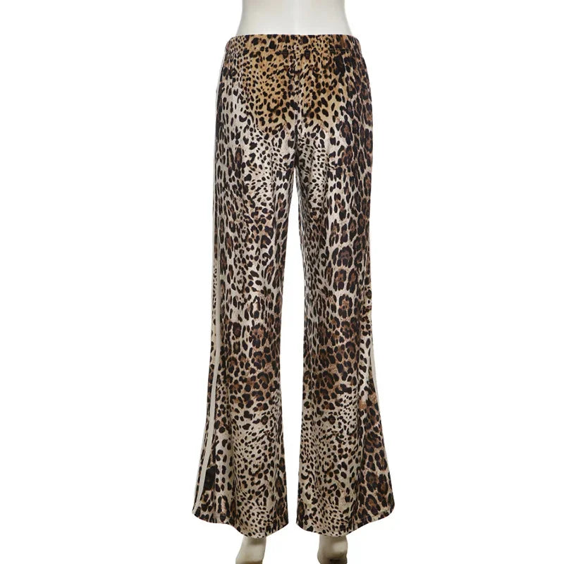 maoxiangshop  -  Striped Leopard Print Velvet Wide Leg Pants 2024 Fall Winter Women Elastic High Waist Loose Casual Trousers Streetwear Bottoms