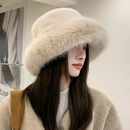 maoxiangshop Winter Hat for Women Faux Fur Fluffy Bucket Hat for Women Luxury Plush Hat Thicken Snow Oversized Fur Bucket Hat Soft Panama Cap