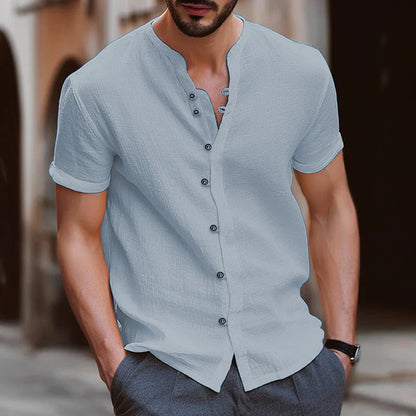 maoxiangshop Cotton hemp hot sell men's short sleeve shirt summer solid color stand collar casual beach style shirt