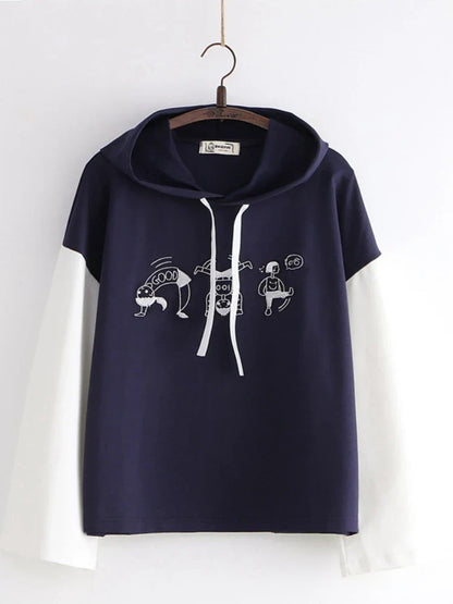 maoxiangshop Harakuju Graphic Casual Cotton Hooded Sweatshirt For Women Summer Patchwork Hoodies Female  Drawstring Pullover Top