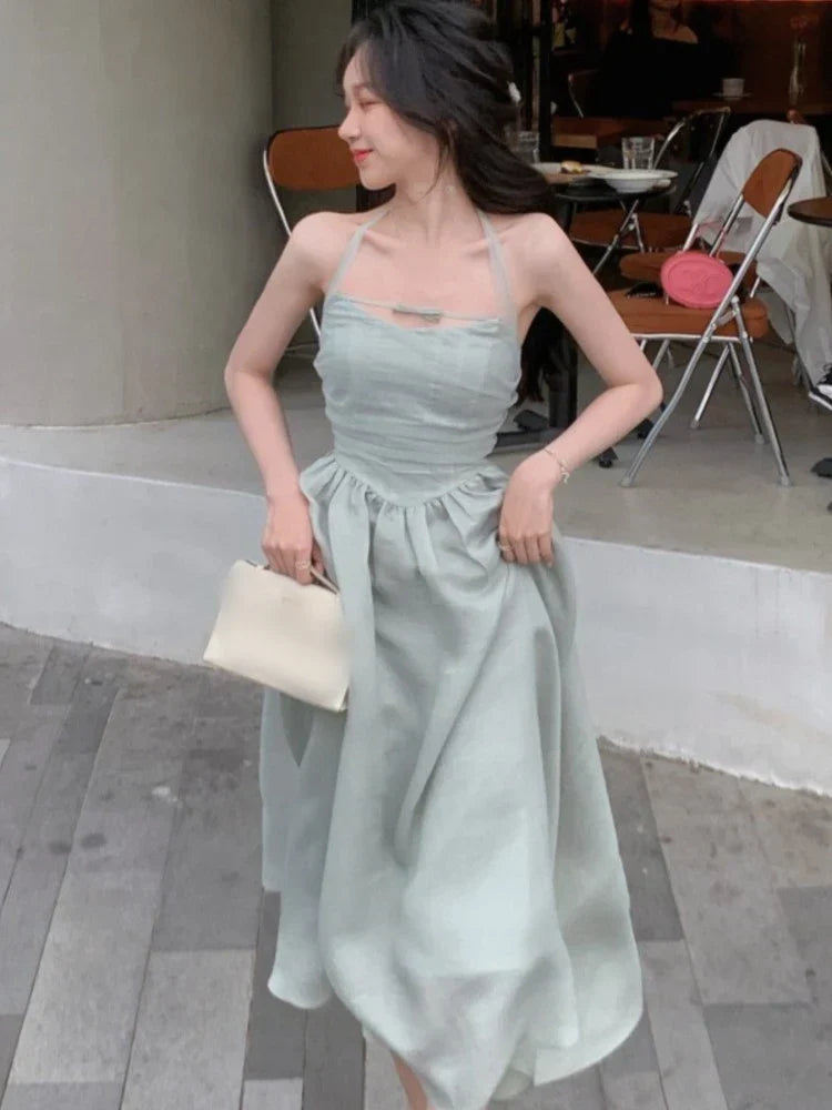 maoxiangshop-Elegant Fashion Halter Fairy Graduation Dresses Summer Woman Korean Solid A-Line Birthday Evering Party Vestidos Female Clothes