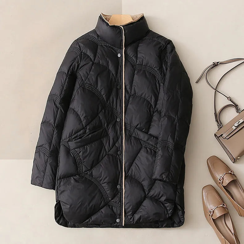 maoxiangshop Women Duck Down Jackets Ultra Light Winter Vintage Slim Long Coat Autumn Casual Warm Black Quilted Parkas