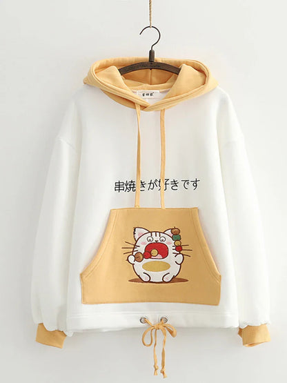 Pink Cartoon Cat Embroidery Cute Women Hoodies Winter Drawstring Long Sleeve Hoded Sweatshirts Sweet Style Ladies Tops