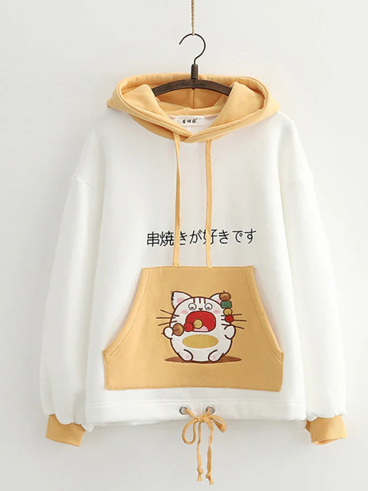 Pink Cartoon Cat Embroidery Cute Women Hoodies Winter Drawstring Long Sleeve Hoded Sweatshirts Sweet Style Ladies Tops