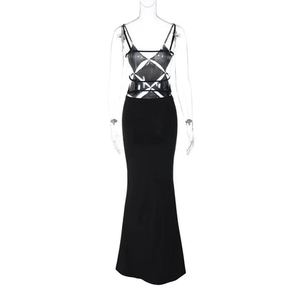 Elegant Black Hollow Out Slip Dress Sexy Summer Outfits for Women Sleeveless Backless Bodycon Maxi Evening Party Dresses