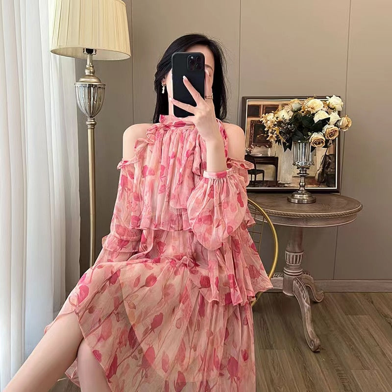 Lantern Sleeve Summer Dress New French Style Floral Dress for Women Sweet Elegant Tierred Knee Length Mini Dress