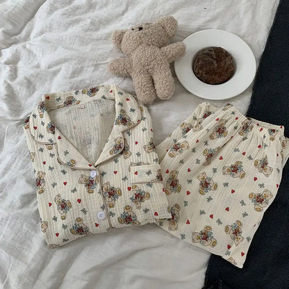 maoxiangshop  -  Cotton Double-layer Gauze Pajamas For Women's Fashion Cute Carrot Print Long Sleeve Tops + Pant Home Clothing Two-piece Set