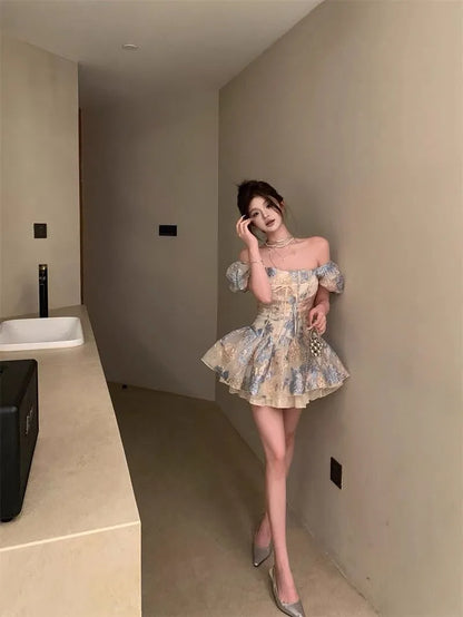 French Style Jacquard One Shoulder Puff Sleeve Dress For Women Summer Fashion Elegant Party Dress A-line Tutu Short Dresses