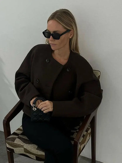 maoxiangshop -  Autumn Faux Woolen Solid Cropped Jacket Women Single Breasted Button Pocket Baseball Coat Fashion Long Sleeve Female Outwear