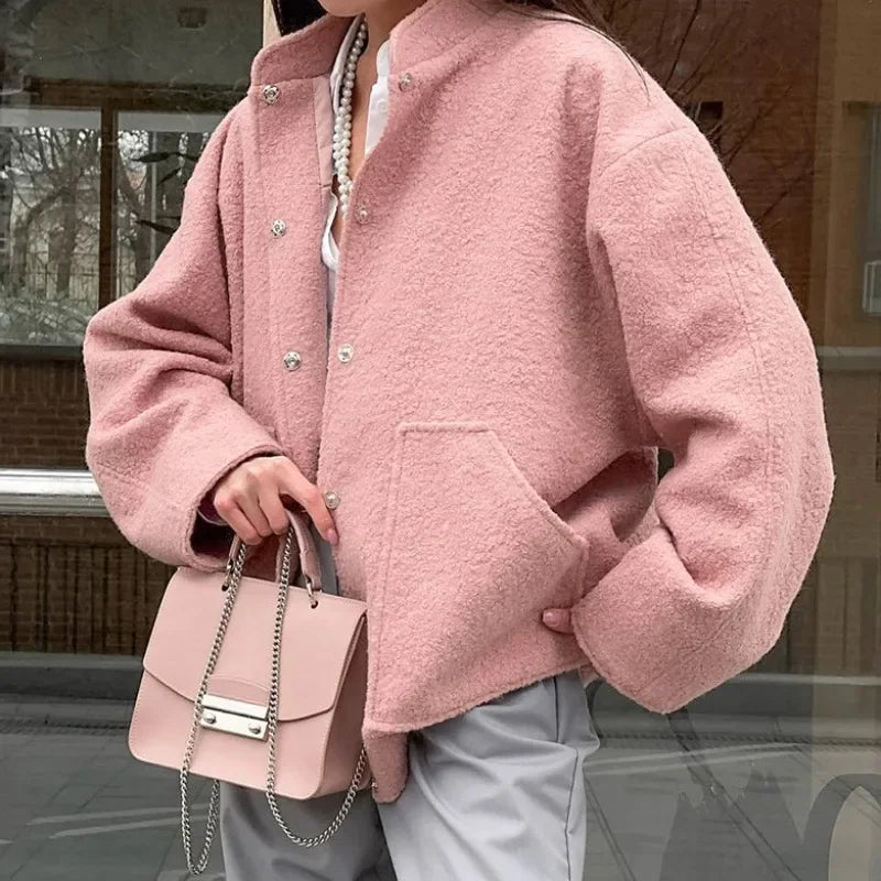 maoxiangshop  -  Woman's Oversized Bomber Jacket Autumn Round Neck Long Sleeve Pocket Hidden Button Loose Jackets Coat Female Outerwear