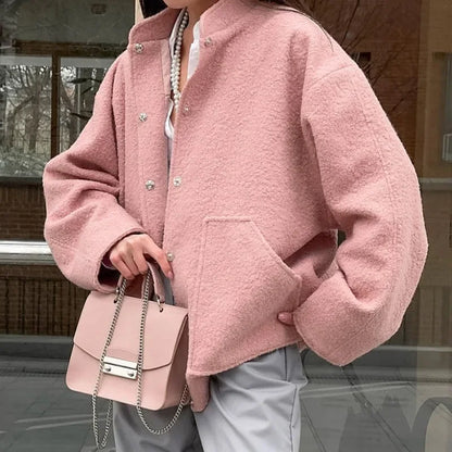 maoxiangshop  -  Woman's Oversized Bomber Jacket Autumn Round Neck Long Sleeve Pocket Hidden Button Loose Jackets Coat Female Outerwear