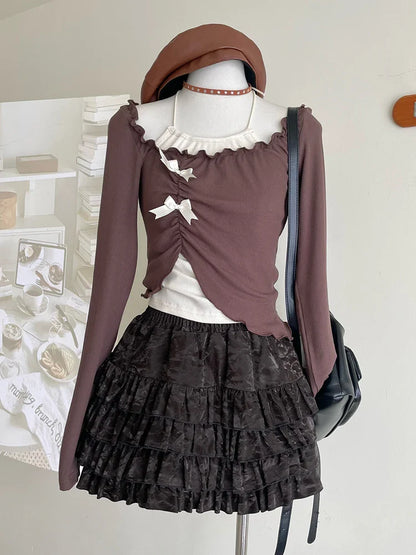 Autumn Women Two Pieces Set Halter Top Korean Fashion Gyaru Long Sleeve Crop Tops T-Shirts Y2k Streetwear Tees Coquette Girl New