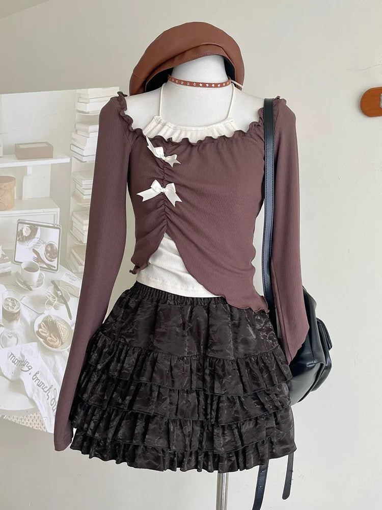 Autumn Women Two Pieces Set Halter Top Korean Fashion Gyaru Long Sleeve Crop Tops T-Shirts Y2k Streetwear Tees Coquette Girl New