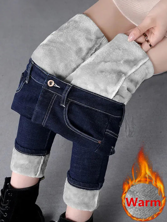 maoxiangshop Oversized Slim Velvet Lined Jeans Pencil Pants Winter Women Plush Stretch Vaqueros Trousers Mid Waist Thicken Warm Denim Spodnie