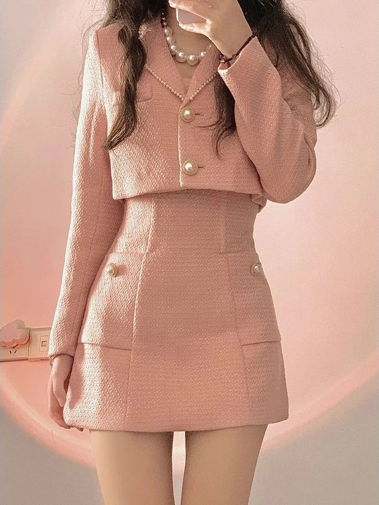 Autumn Pink Elegant Two Piece Set Women Korean Style Balzer Coat+Strap Mini Dress Set Female Solid Casual Slim Designer Set