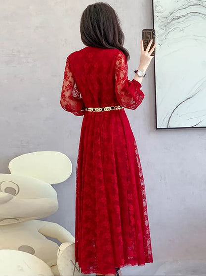 maoxiangshop Designer Fashion Autumn Dress Women Sexy V Neck Full Sleeve Red Lace Hollow Out Flower Elegant Long Dresses With Belt