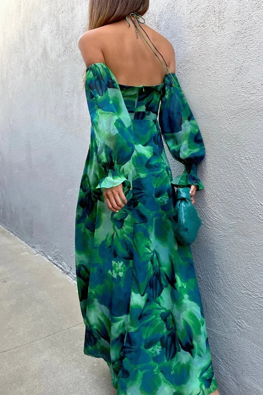 maoxiangshop Women s Cold Shoulder Midi Dress Spaghetti Strap Long Sleeve Floral Print Beach Dress Y2k Low-cut Hollowed Out Long Slim Dress