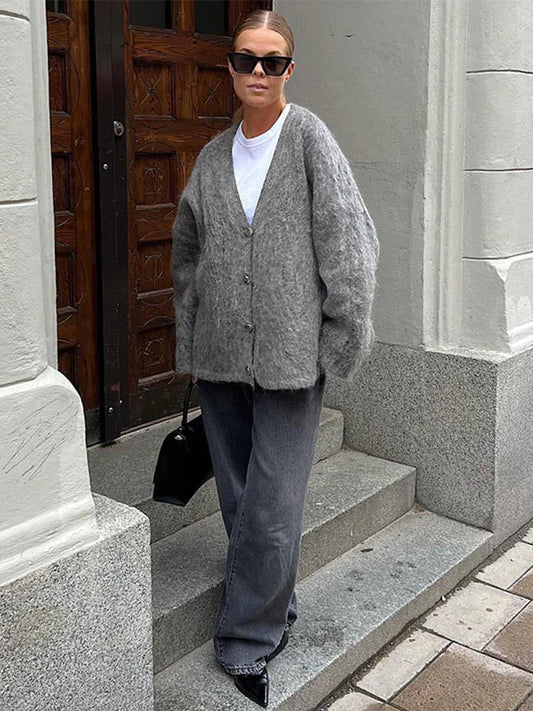 maoxiangshop  -  Casual Knitted Solid V-neck Cardigan Women Retro Loose Plush Single Breasted Sweaters Female Autumn Winter Elegant Knitwear