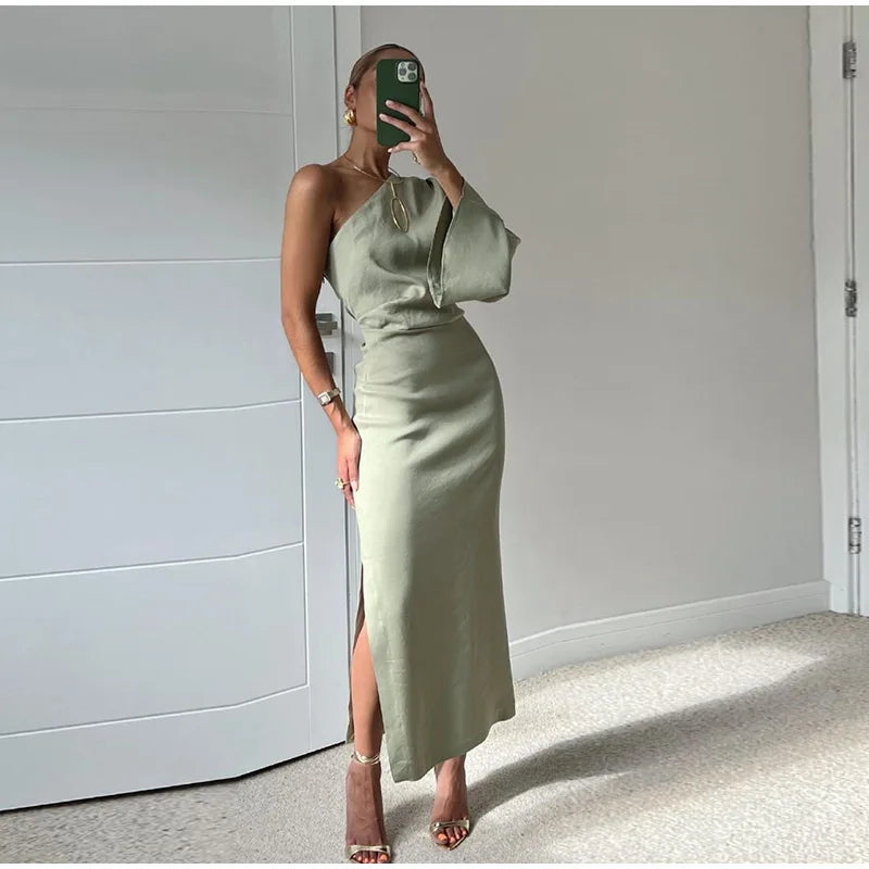 Autumn Sexy One Shoulder Long Sleeve Linen Blending Dresses Elegant Backless Slit Bodycon Dress Pleated Robe