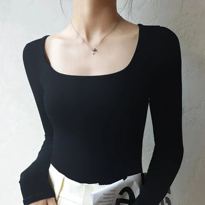 maoxiangshopU Neck Long Sleeve Shirt Women Warm Fleece Sexy Cropped Tops Autumn Winter Black Casual Skinny Slim Basic T Shirt Woman