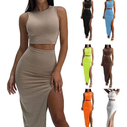 maoxiangshopTwo Piece Skirt Set Women's Suit y2k Clothes Summer Sexy Outfit Cropped Top and Split Skirt Chic Elegant Female Clothing