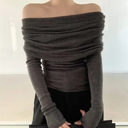 Women Long Sleeve Knitwear Solid Off Shoulder Autumn Thin Pullovers Slash Neck Sweater For Women Office Elegant Tops 2023