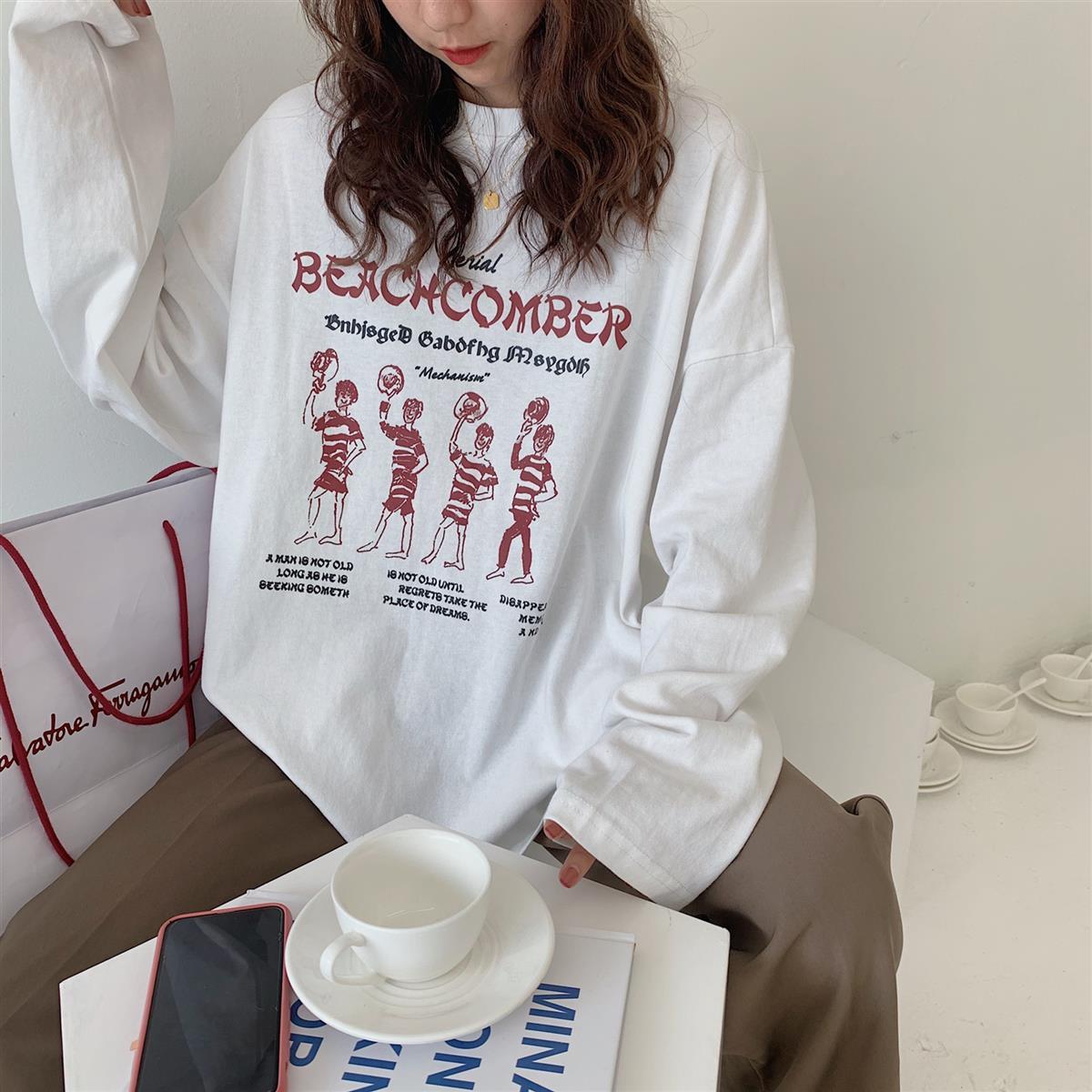 Women Long Sleeve T-shirts Leisure Soft Printed Trendy Korean Style Students Retro Tops Boyfriend O-neck Females Teens Simple