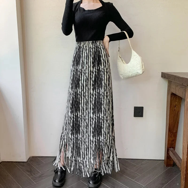 maoxiangshop French Chic Long Skirts for Women Tie-dye Printed Tassel High Waist Female Sheath Skirt Ladies Streetwear Maxi Skirt