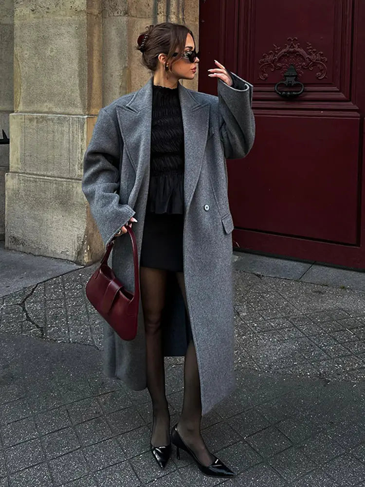 maoxiangshop -  Elegant Lapel Grey Wool Blends Overcoat Women Fashion Loose Long Sleeves Fake Pocket Warm Coat Winter Lady Button Outwear