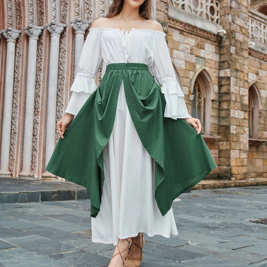 maoxiangshop Women Skirts Elegant Renaissance Contrast Color Vintage 2-Layer Skirt Elastic Waist Maxi Skirt Elastic Waistline Skirt