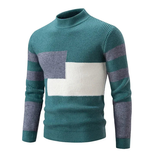 maoxiangshop Men's Autumn Winter New Mock Neck Pullovers Fashion Patchwork Knitted Warm Sweater Man Slim Fit Casual Knitwear Sweaters Tops
