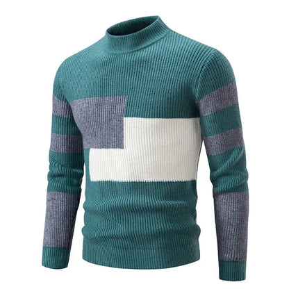 maoxiangshop Men's Autumn Winter New Mock Neck Pullovers Fashion Patchwork Knitted Warm Sweater Man Slim Fit Casual Knitwear Sweaters Tops