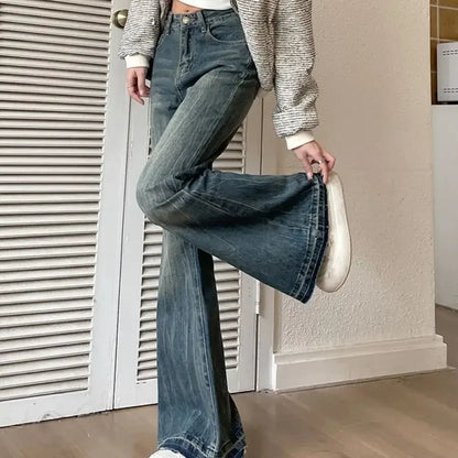 Vintage high waist jeans women skinny flared pants new washed craft horseshoe pants fashionable baggy slouchy trousers