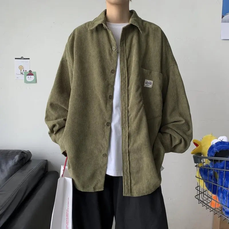 maoxiangshop Men's Corduroy Long Sleeve Shirts Autumn Korean Shirt Unisex Fashion Casual Oversize Shirt Printed Clothing
