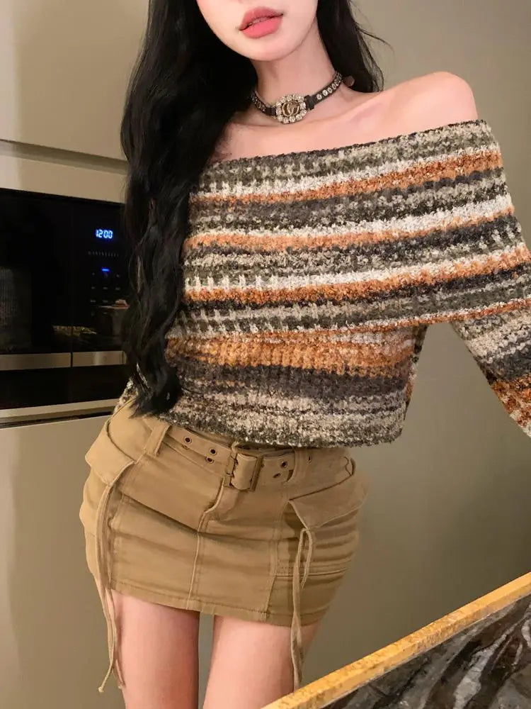 Deeptown Y2K Vintage Striped Cropped Sweater Women Harajuku Hip Hop Slim Knitted Jumper Sweet Off Shoulder Pullover Korean Tops