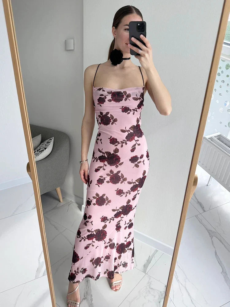 Lace Up Backless Maxi Dress Sexy Mesh Floral Printing Bodycon Holiday Dress Elegant Spaghetti Strap Dress Summer