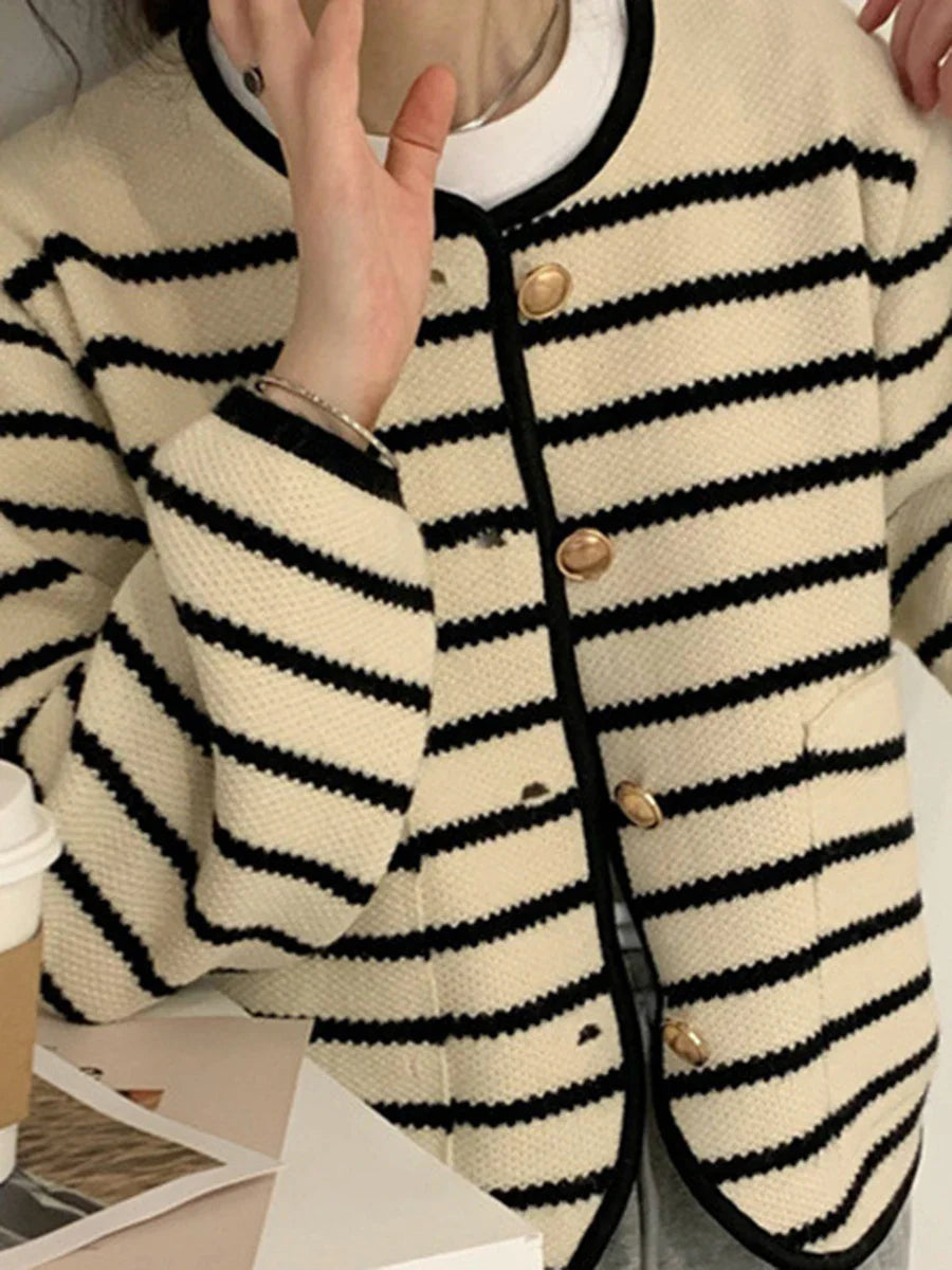 maoxiangshop  -  Striped Contrast Cardigan Women Autumn New Single Breasted O Neck Sweaters Casual Fashion Long Sleeve Knitted Outerwear 2024