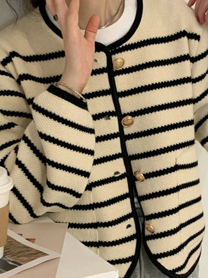 maoxiangshop  -  Striped Contrast Cardigan Women Autumn New Single Breasted O Neck Sweaters Casual Fashion Long Sleeve Knitted Outerwear 2024
