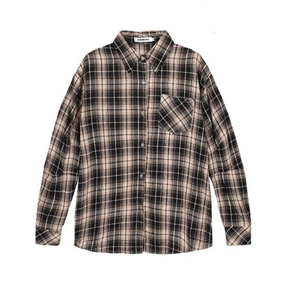 maoxiangshop Checkered Shirt for Women Button Up Collared Plaid Shirt Blouse Female Casual Outfit