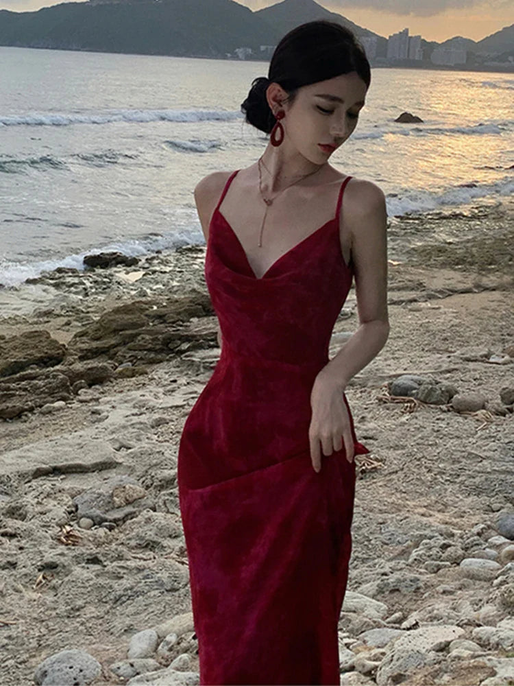 Women Summer New Elegent Sleeveless Red  Spaghetti Strap Dress Female Fashion Party One Piece Vestidos Backless Clothes