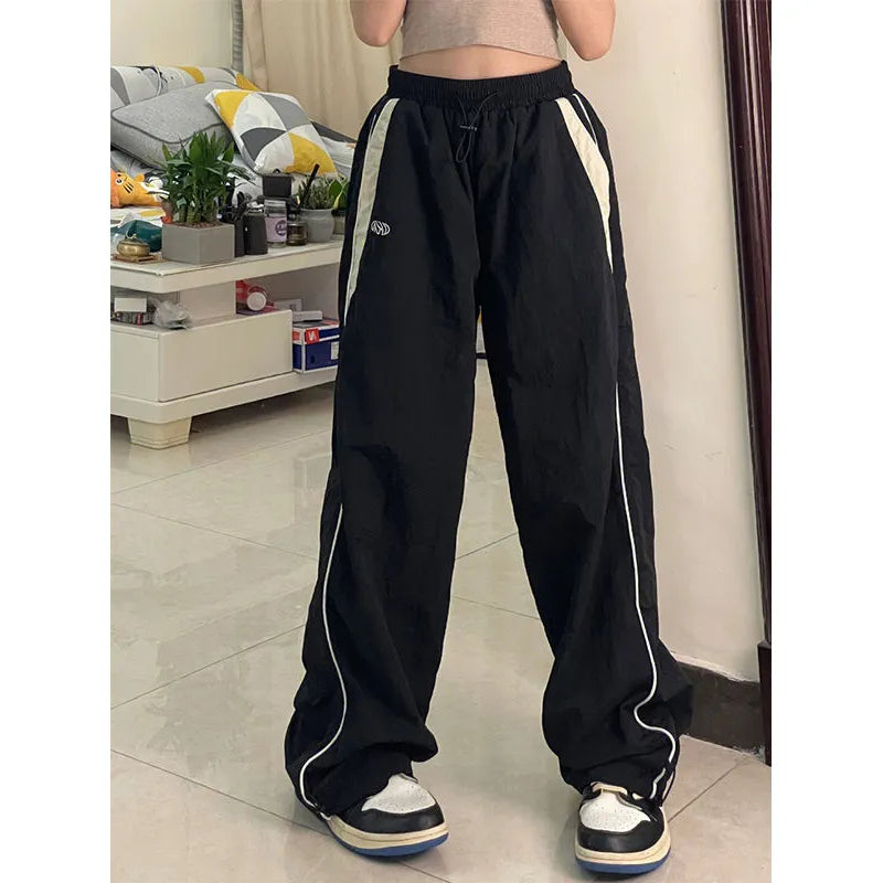 Women Spring Retro Solid Loose Drawstring Trousers Casual Joggers Baggy Wide Leg Sweatpants Mid Waist Sporty Y2k Female Clothes