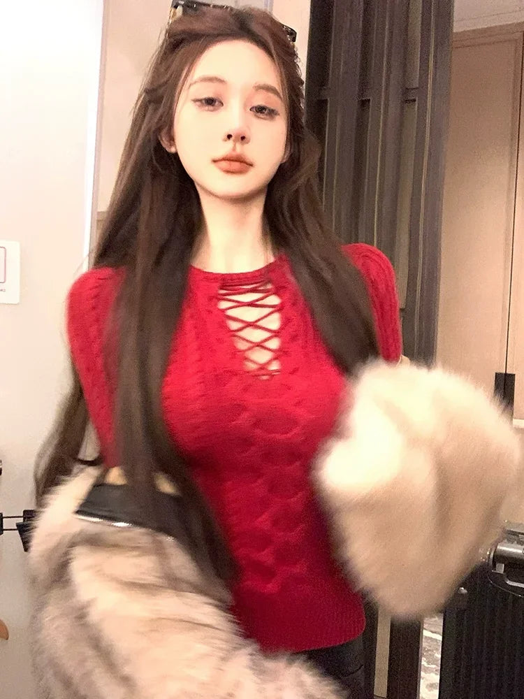 maoxiangshop  -  Y2k Criss-Cross Hollow Out Knitwear Slim Fit Long Sleeve Ribbed Sweater Women Autumn Winter Underwear Clothes Sexy Girl