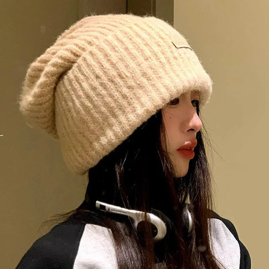maoxiangshop  -  Knitted Heap Heap Beanie Hat for Women Solid Leather Label Pullover Cap Winter Thickened Warm Woolen Hats Outdoor Cycling Bonnet