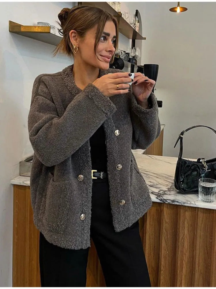 maoxiangshop -  Elegant Solid Lambwool Buttoned Coats Fashion Autumn Long Sleeve O Neck Warm Top Winter Office Ladies Pocket Outwear
