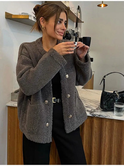 maoxiangshop -  Elegant Solid Lambwool Buttoned Coats Fashion Autumn Long Sleeve O Neck Warm Top Winter Office Ladies Pocket Outwear