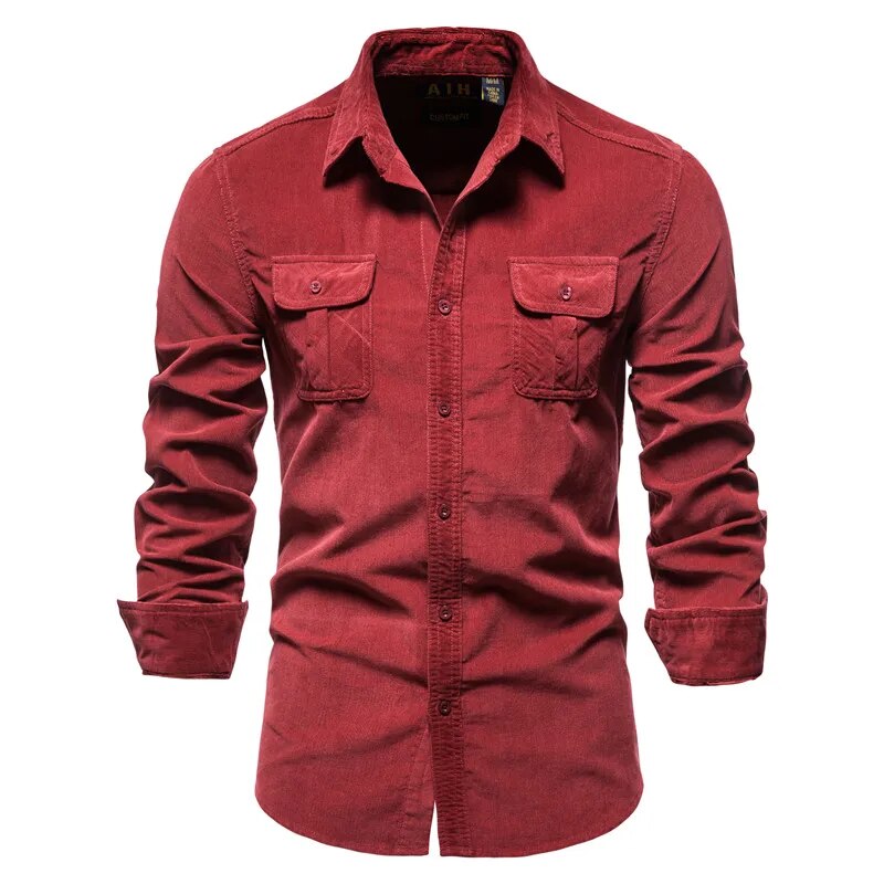 maoxiangshop New Men's Shirt Fashion Corduroy Shirts Men Business Casual Single Breasted Cotton Men Shirts Solid Color Slim Fit Full Top