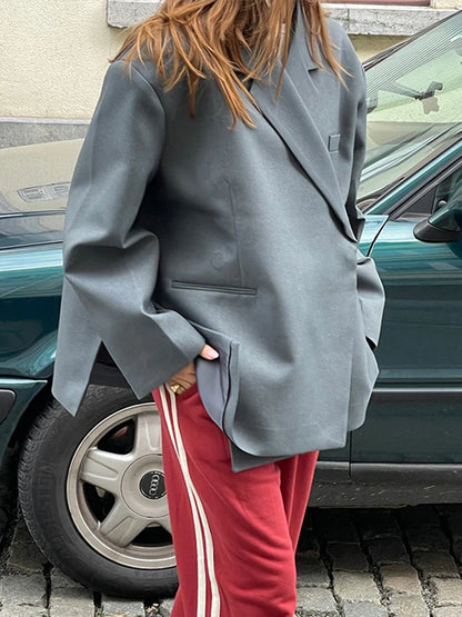 maoxiangshop  -  Loose Slanted Placket Suit Jacket Women Autumn Oversize Solid Suits Coat Female Elegant Casual Hidden Button Lapel Slit Coats