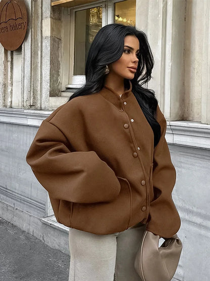 maoxiangshop  -  Thick Women's Autumn Bomber Jacket Woolen Single Breasted Oversized Stand Collar Casual Pocket Coats All-match Chic Outwear