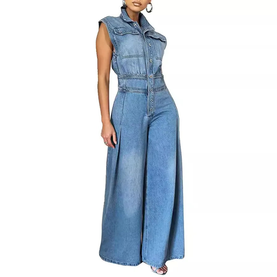 maoxiangshop Jumpsuits Women One Piece Denim Jeans Overalls Sleeveless High Waist Turn Down Collar Wide Leg Long Pants Rompers Summer 2024